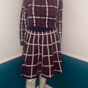 Eloquii Burgundy and White Plaid Knit Skirt Set